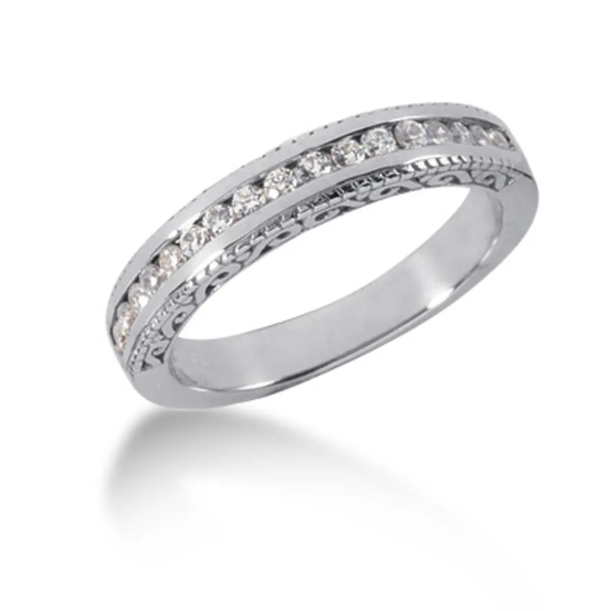 14k White Gold Vintage Style Engraved Diamond Channel Set Wedding Ring Band RCJ