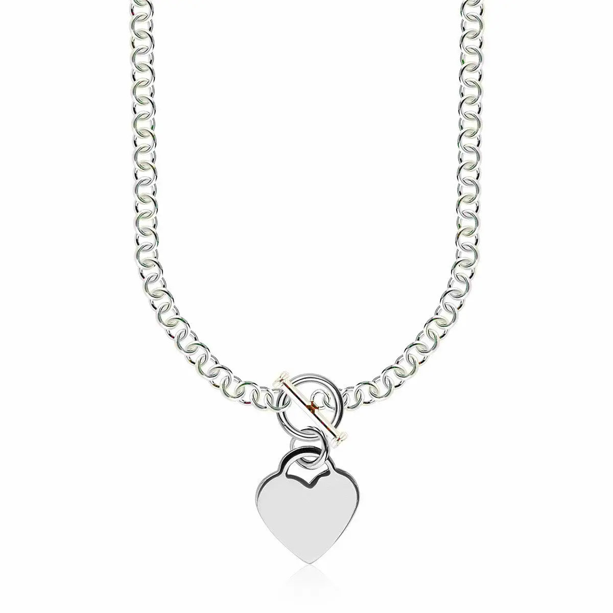 Sterling Silver Rhodium Plated Rolo Chain Necklace with a Heart Toggle Charm RCJ