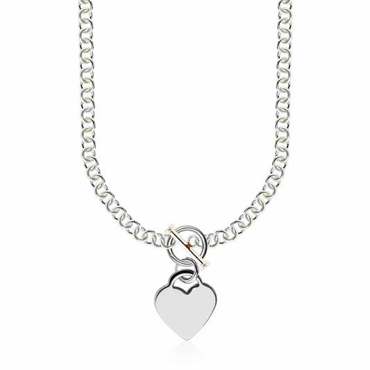 Sterling Silver Rhodium Plated Rolo Chain Necklace with a Heart Toggle Charm RCJ