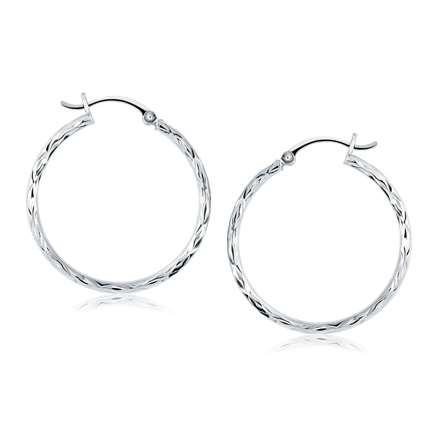 14k White Gold Diamond Cut Hoop Earrings(2x30mm)Monde Trend