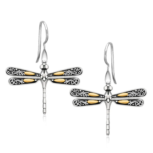 18k Yellow Gold and Sterling Silver Dragonfly Motif Drop Earrings RCJ