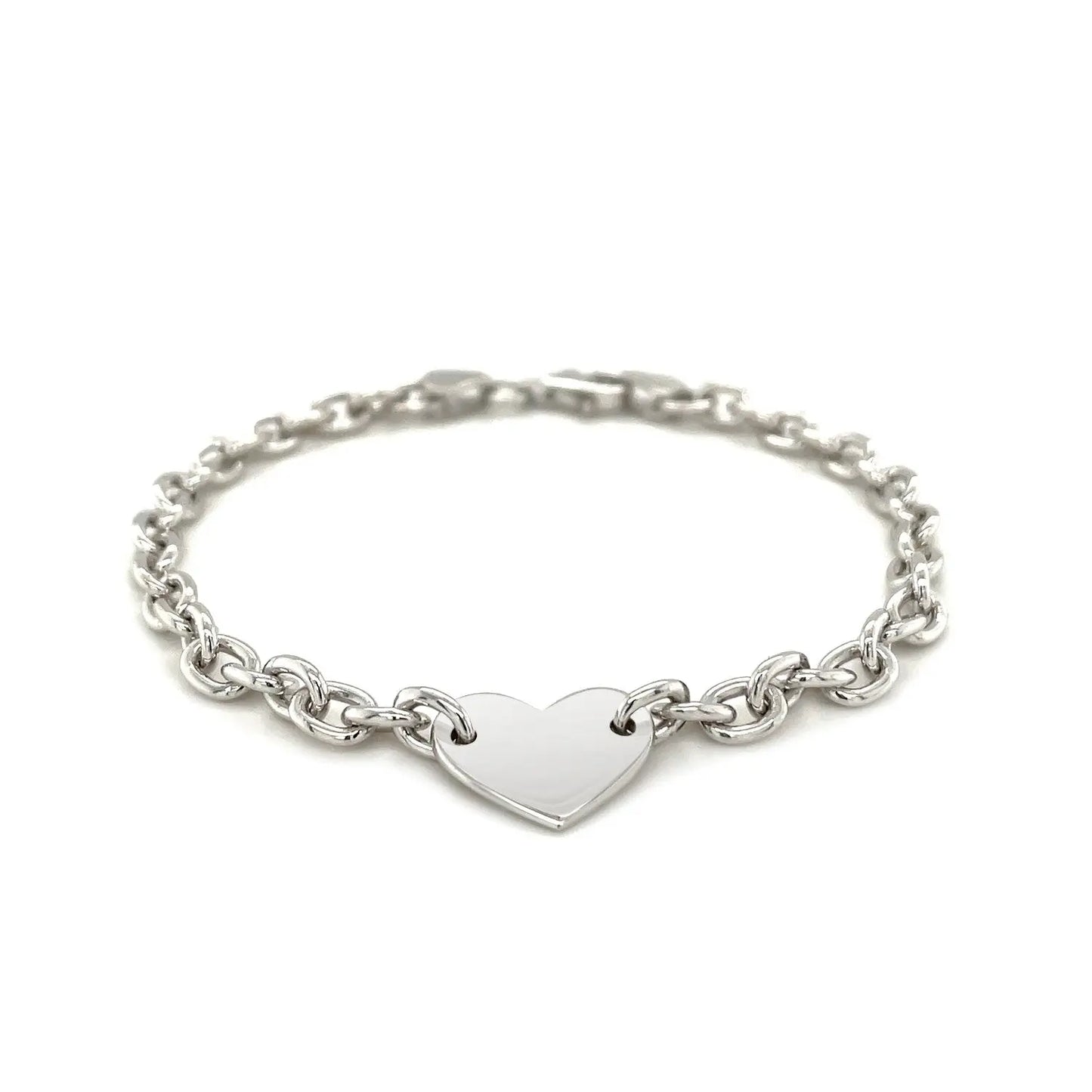 Sterling Silver Rhodium Plated Chain Bracelet with a Flat Heart Station (5.00 mm) RCJ