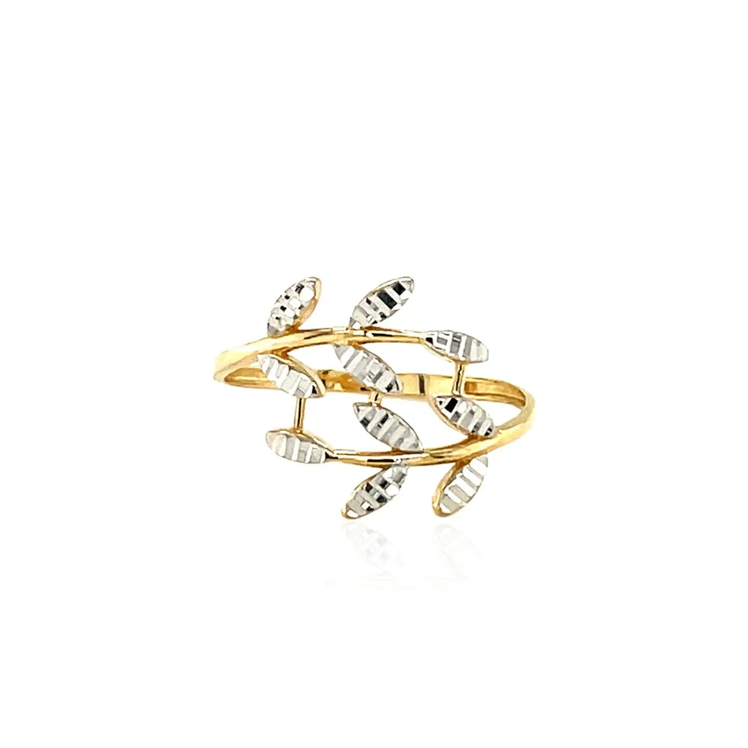 14k Two Tone Gold Crossover Ring with Textured Leaves(1.50 mm)Monde Trend