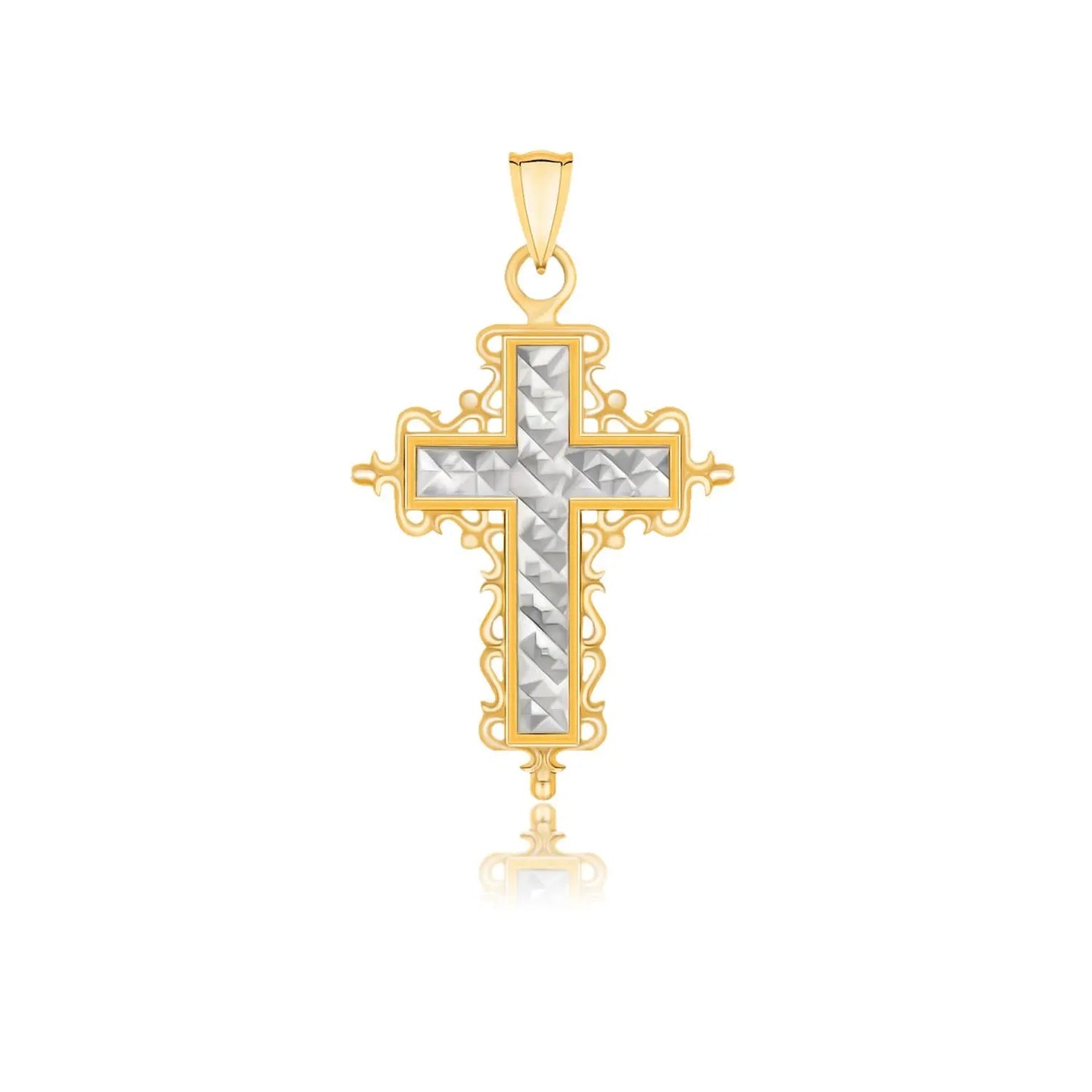 14k Two-Tone Gold Diamond Cut and Baroque Inspired Cross PendantMonde Trend