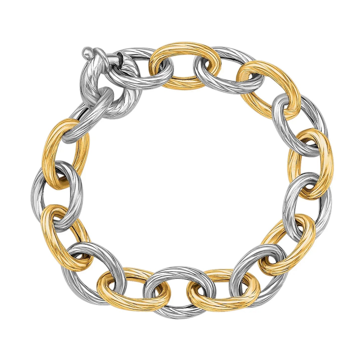 18k Yellow Gold and Sterling Silver Rhodium Plated Diamond Cut Chain Bracelet (9.65 mm) RCJ