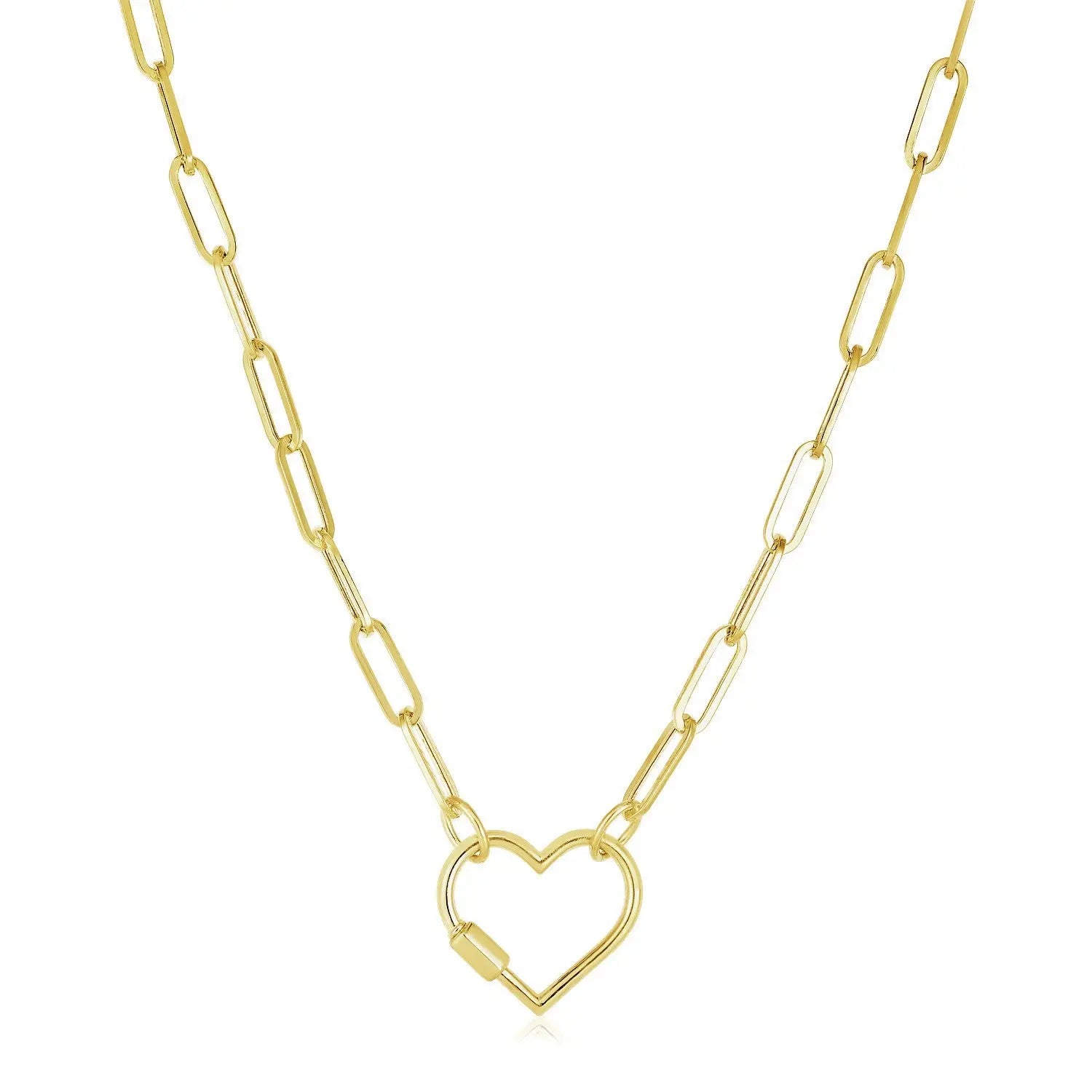 14k Yellow Gold Paperclip Chain Necklace with Heart Carabiner Clasp RCJ