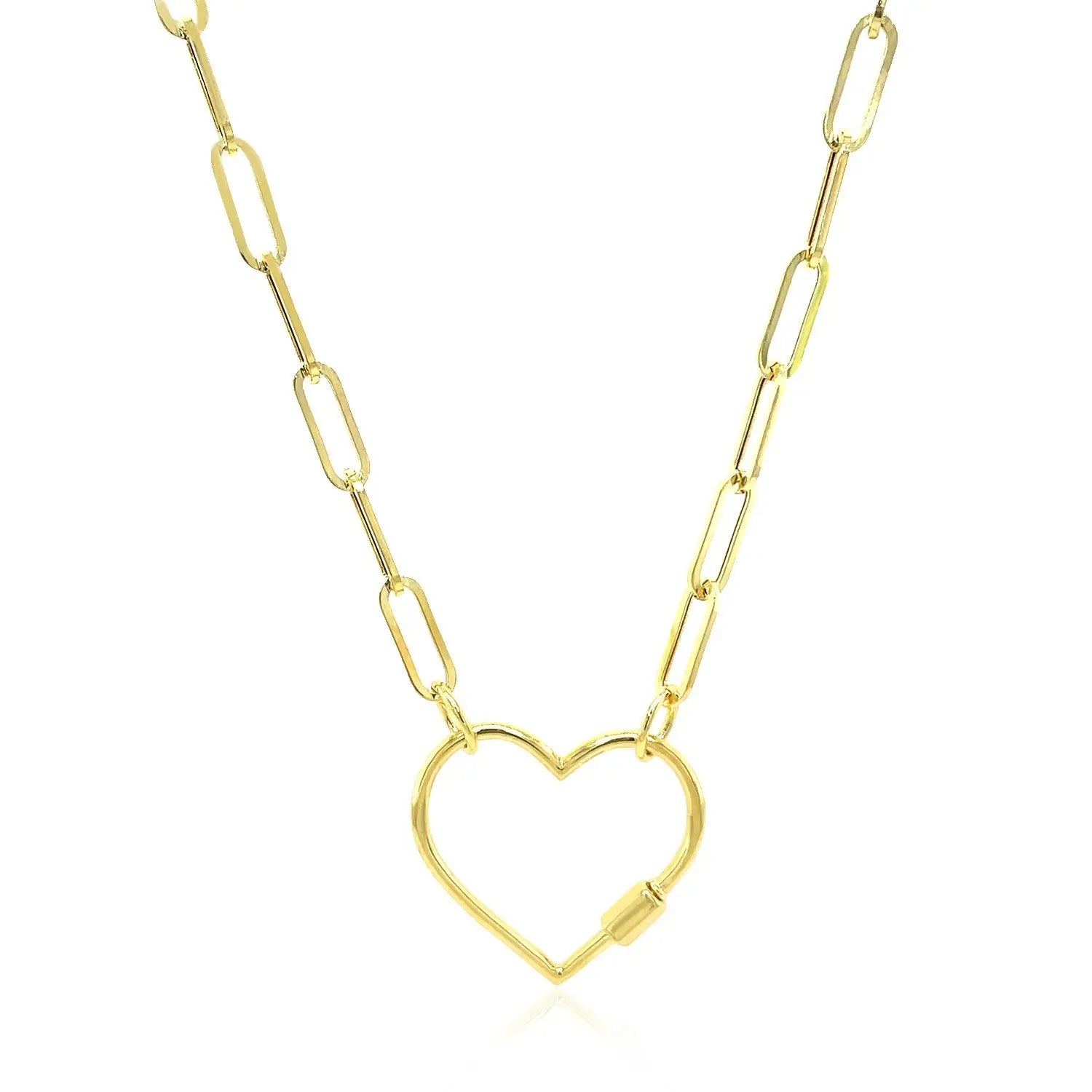 14k Yellow Gold Paperclip Chain Necklace with Heart Carabiner Clasp RCJ