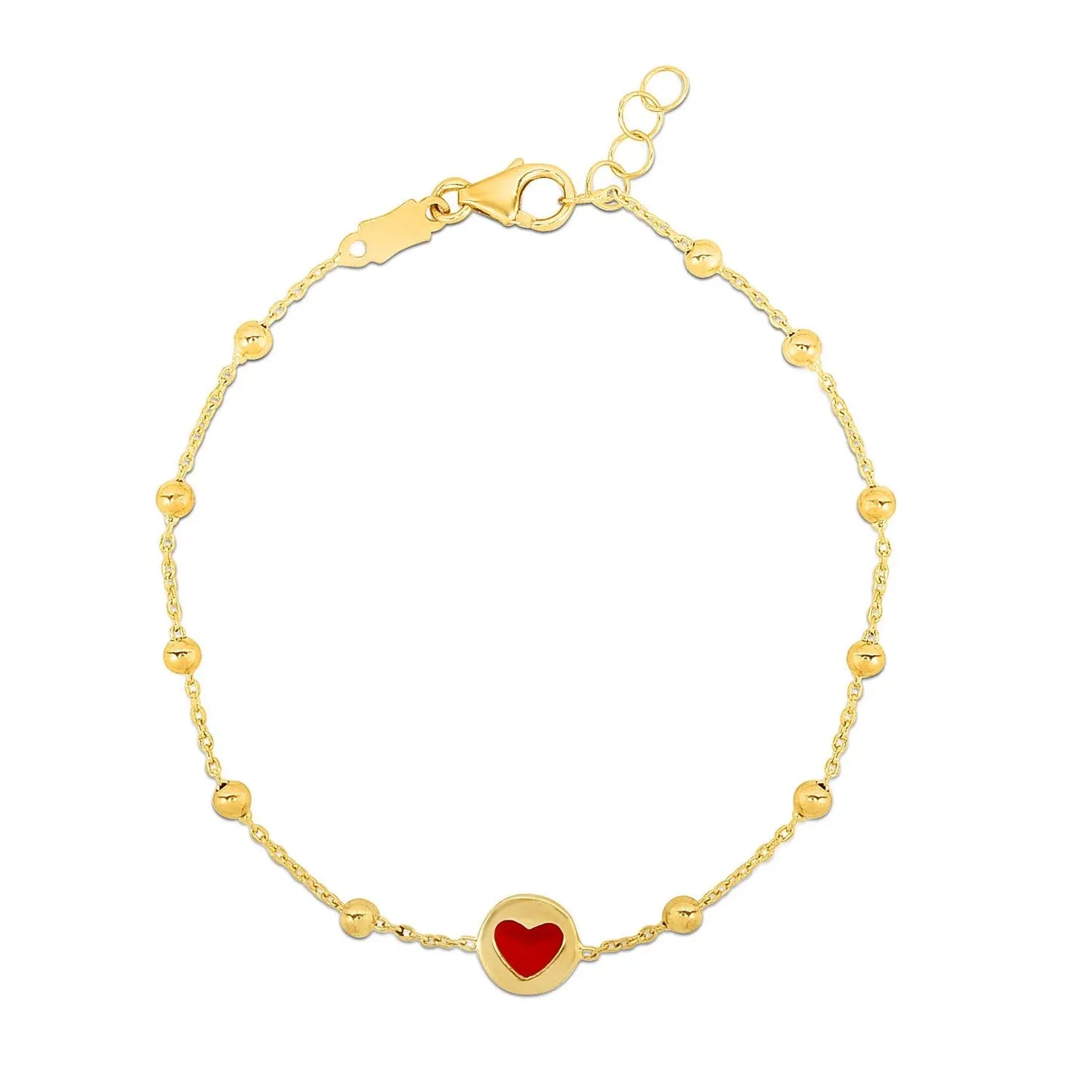 14k Yellow Gold Childrens Bracelet with Beads and Enameled Heart RCJ