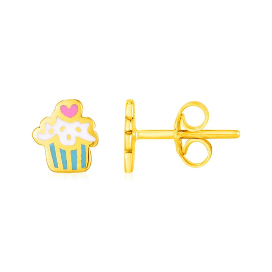 14k Yellow Gold and Enamel Cupcake Stud Earrings RCJ