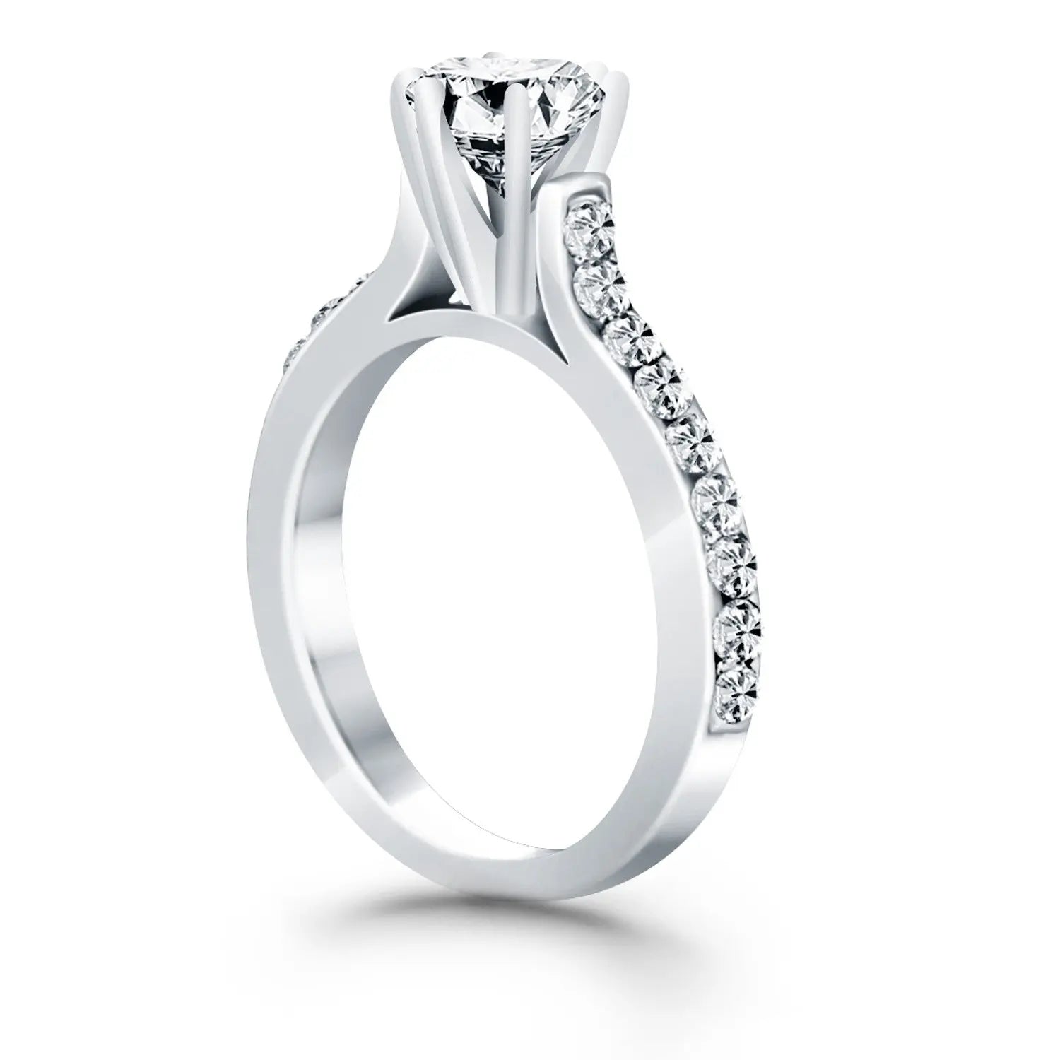 14k White Gold Curved Shank Engagement Ring with Pave DiamondsMonde Trend