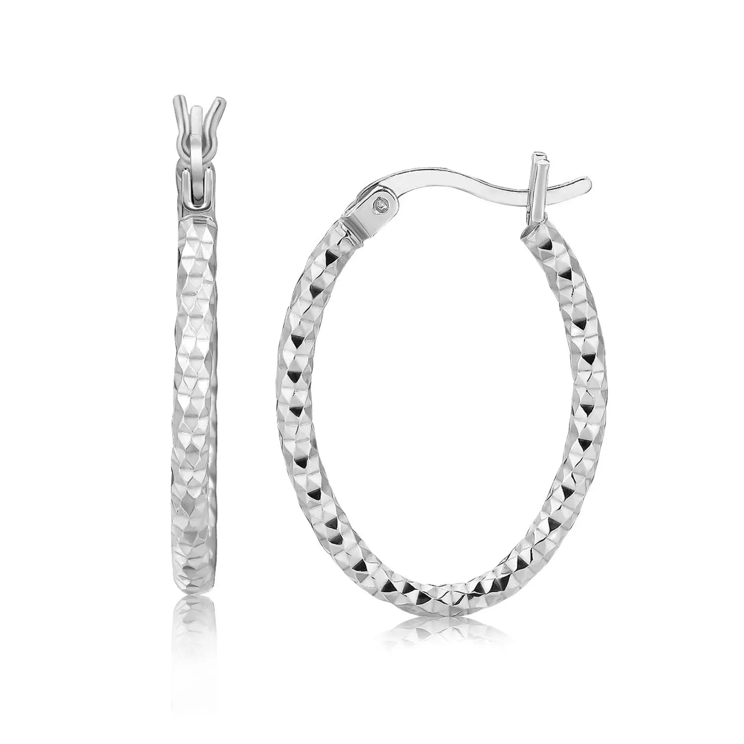 Sterling Silver Hoop Diamond Cut Texture Earrings with Rhodium Plating(2x15mm) RCJ