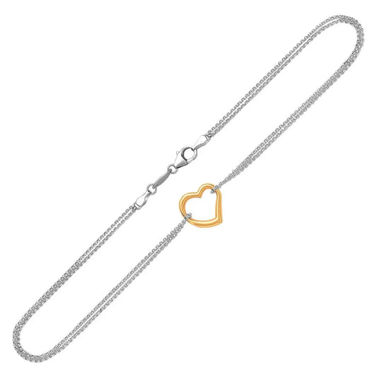 14k Yellow Gold and Sterling Silver Anklet with a Single Open Heart Station RCJ