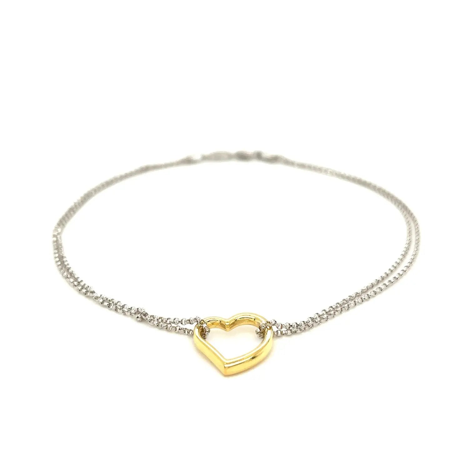 14k Yellow Gold and Sterling Silver Anklet with a Single Open Heart Station RCJ