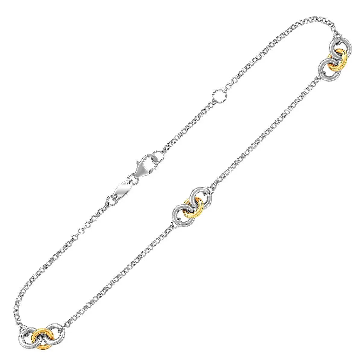 14k Yellow Gold and Sterling Silver Triple Ring Stationed Anklet RCJ