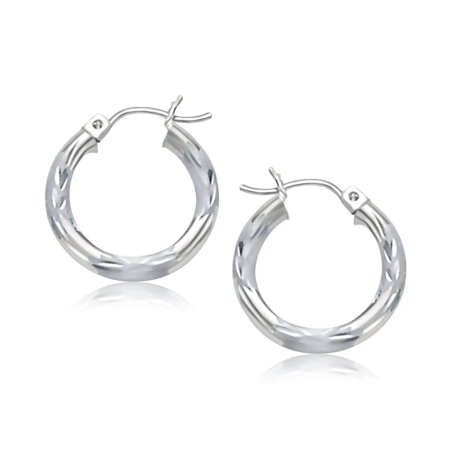 14k White Gold Hoop Earrings with Diamond Cuts (3x15mm)Monde Trend