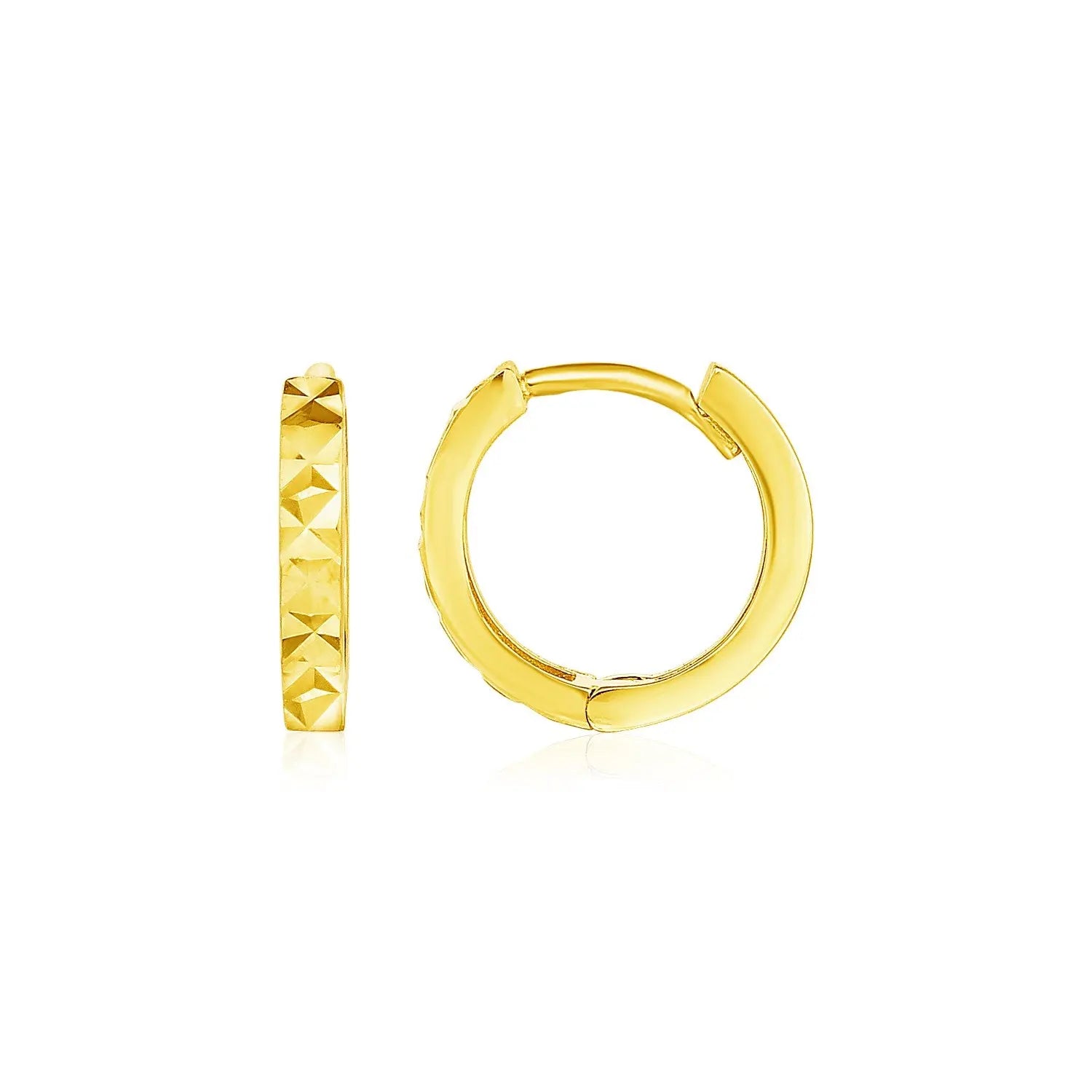 14k Yellow Gold Petite Round Hoop Earrings with Geometric Texture RCJ