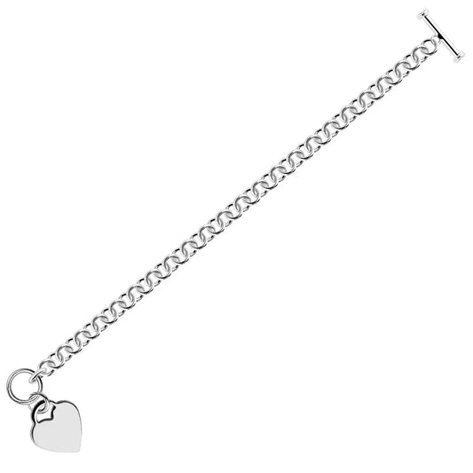 Sterling Silver Rhodium Plated Rolo Chain Bracelet with a Heart Charm (6.00 mm) RCJ