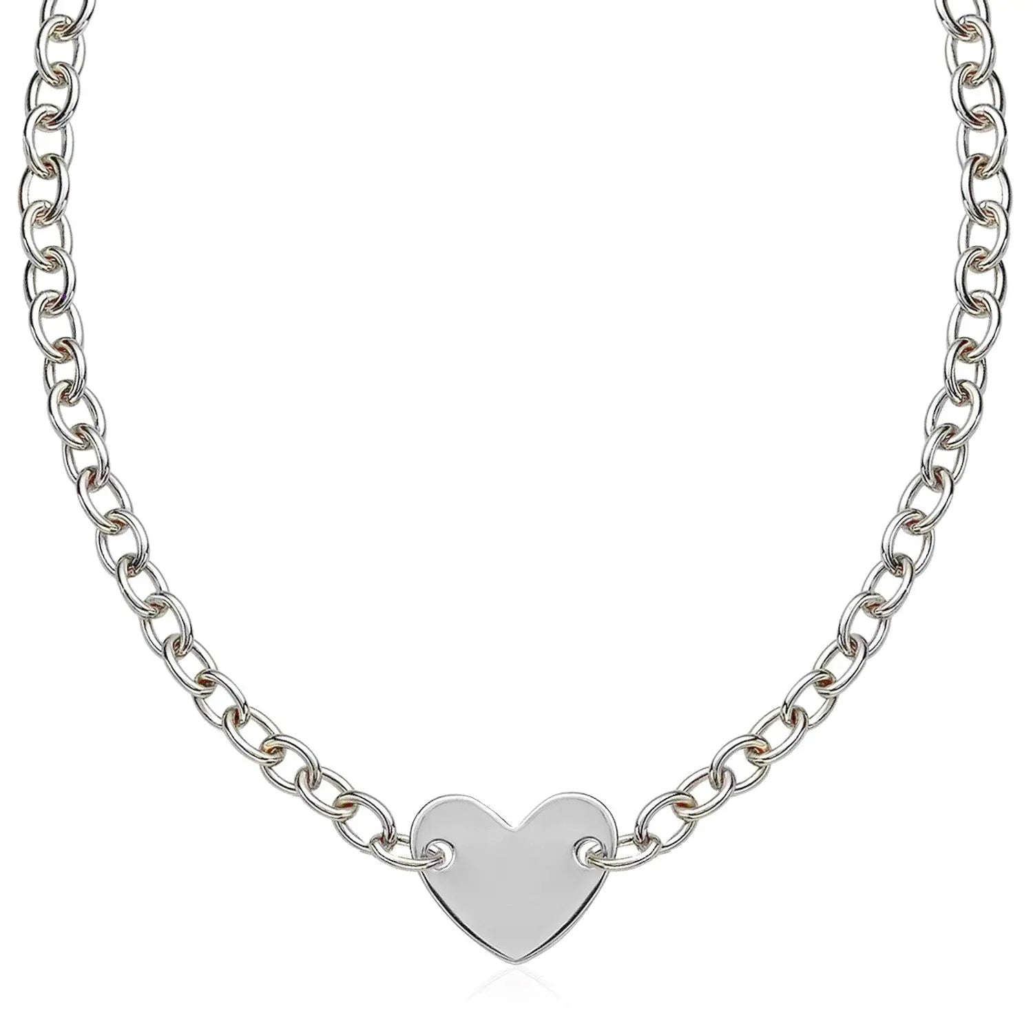 Sterling Silver Rhodium Plated Chain Bracelet with a Flat Heart Motif Station RCJ