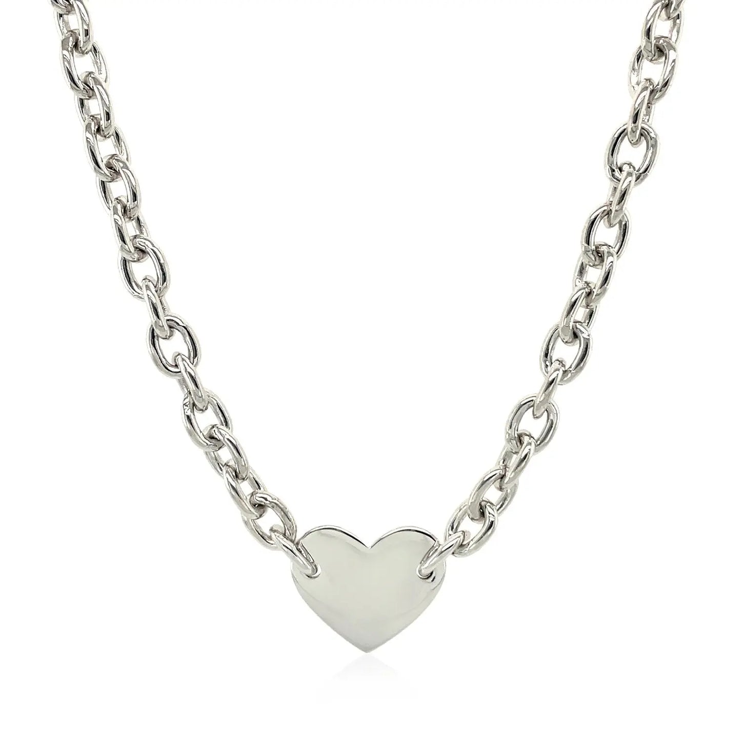 Sterling Silver Rhodium Plated Chain Bracelet with a Flat Heart Motif Station RCJ