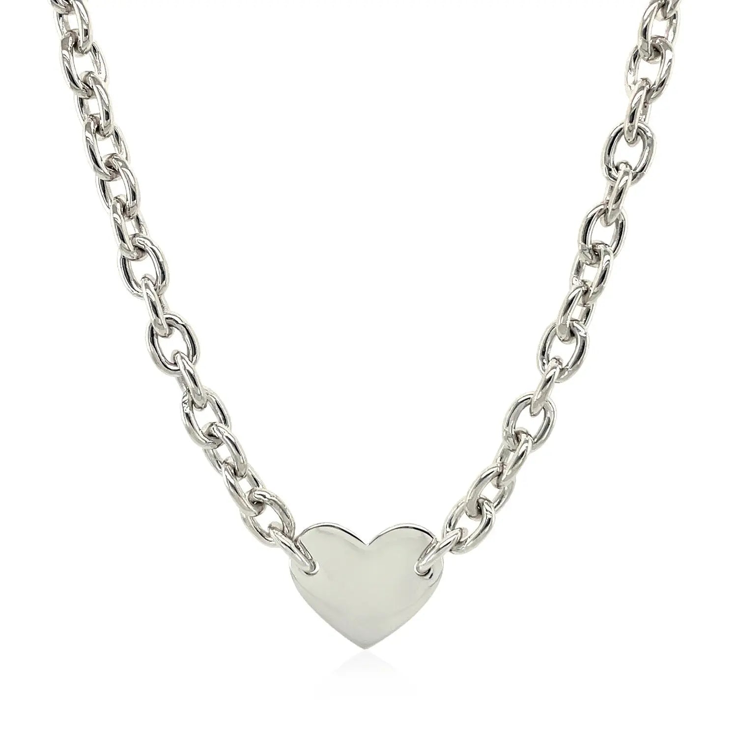 Sterling Silver Rhodium Plated Chain Bracelet with a Flat Heart Motif Station RCJ