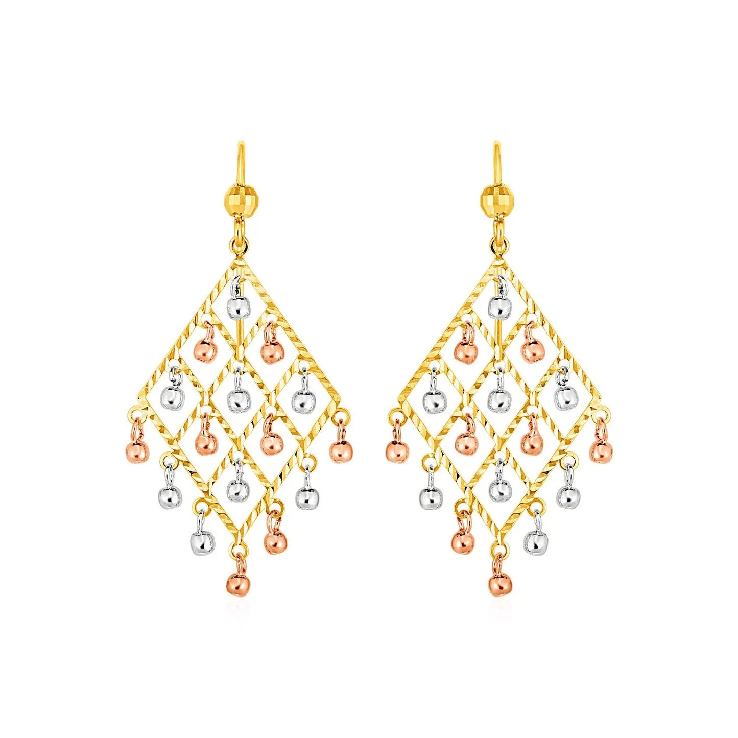 Textured Chandelier Earrings with Ball Drops in 14k Tri Color Gold RCJ