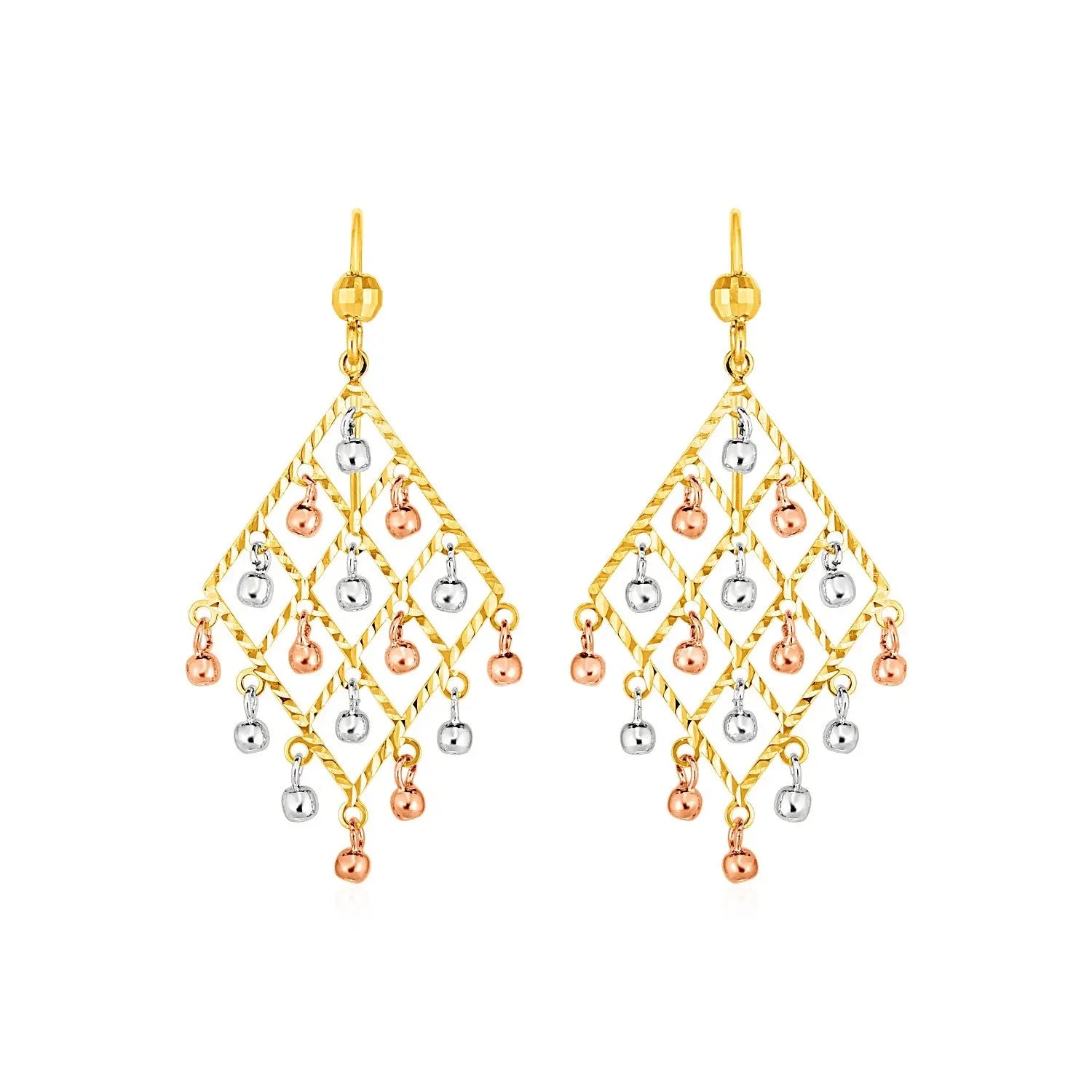 Textured Chandelier Earrings with Ball Drops in 14k Tri Color Gold RCJ