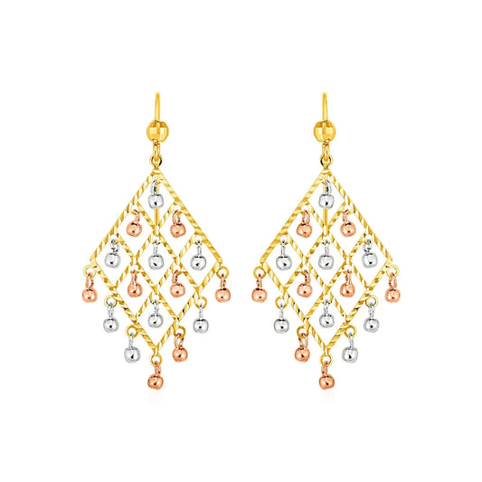 Textured Chandelier Earrings with Ball Drops in 14k Tri Color Gold RCJ