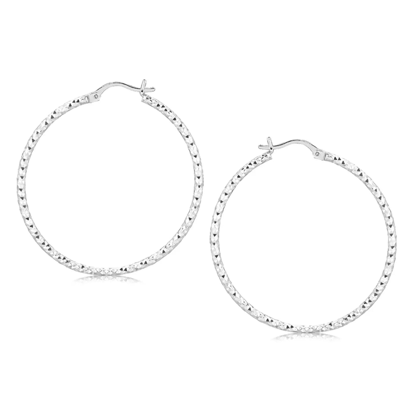 Sterling Silver Rhodium Plated Large Faceted Style Hoop Earrings(2x40mm) RCJ