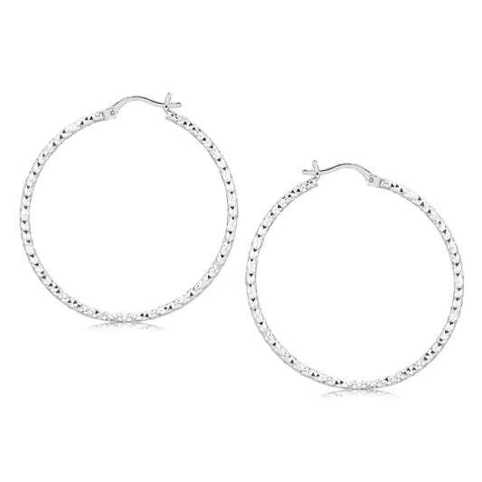 Sterling Silver Rhodium Plated Large Faceted Style Hoop Earrings(2x40mm) RCJ