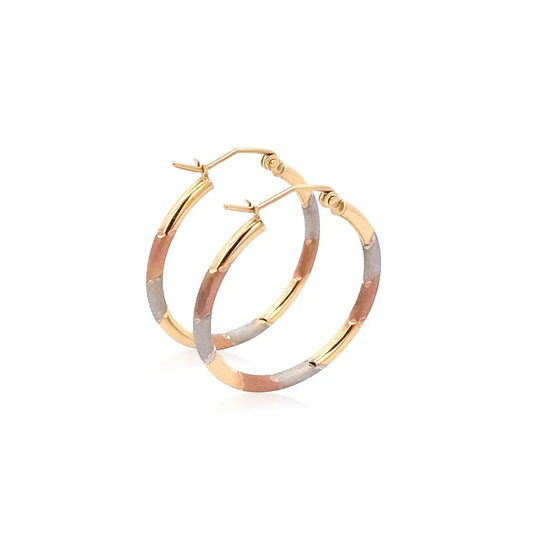 14k Tri-Color Textured Hoop Earrings (2x22mm)Monde Trend