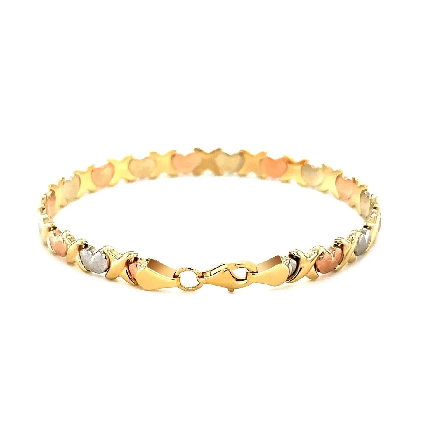 14k Tri-Color Gold Fancy Satin Heart Line Bracelet (6.35 mm)Monde Trend