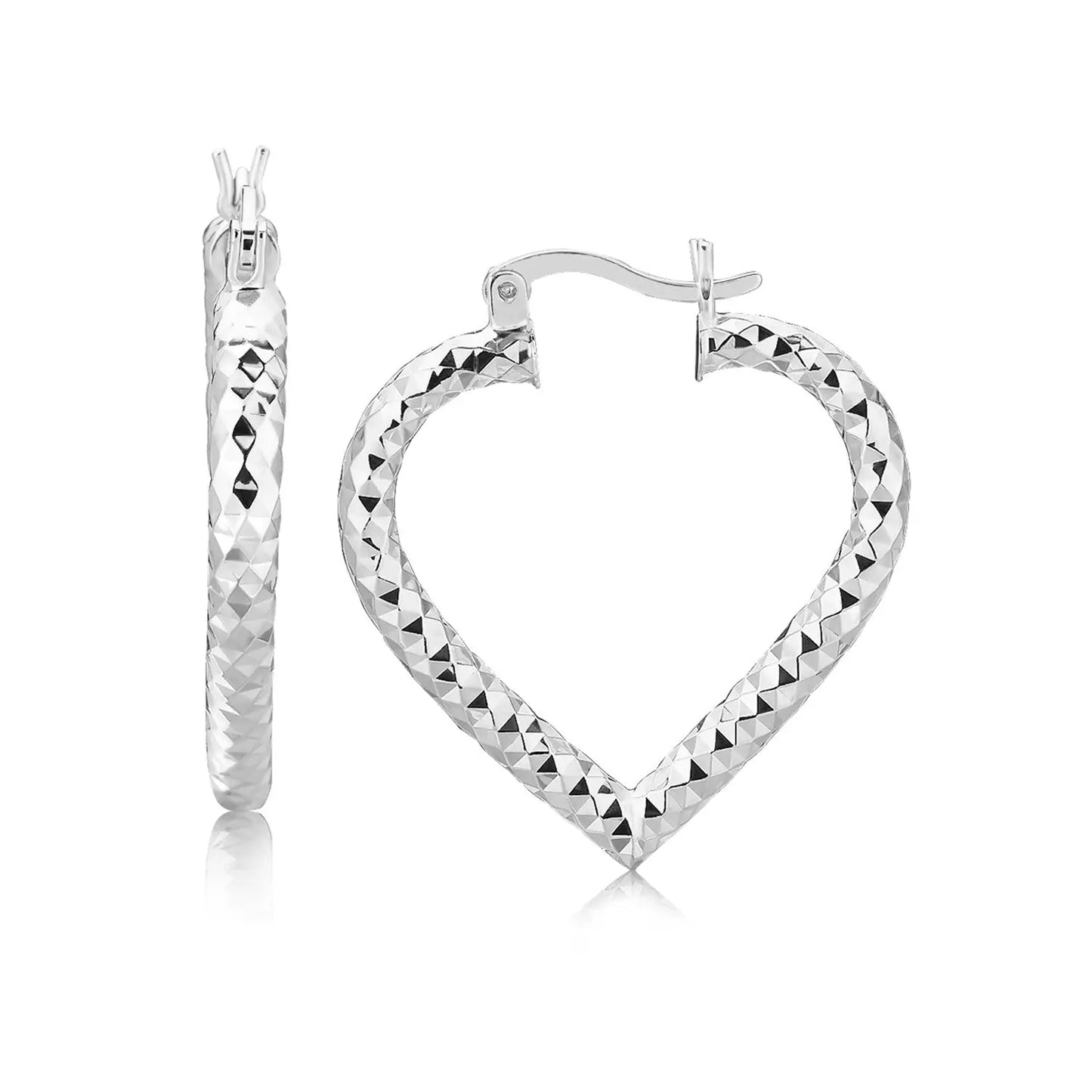 Sterling Silver Rhodium Plated Heart Style Hoop Diamond Cut Earrings(3x22mm) RCJ