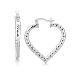 Sterling Silver Rhodium Plated Heart Style Hoop Diamond Cut Earrings(3x22mm) RCJ