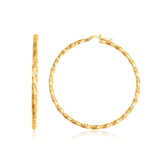 14k Yellow Gold Patterned Hoop Earrings with Twist Design(2x45mm) RCJ