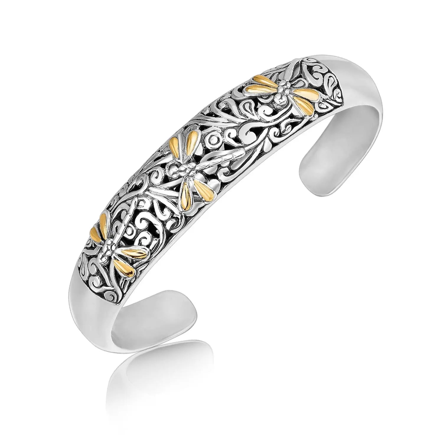 18k Yellow Gold and Sterling Silver Cuff with Dragonfly and Flourishes (12.70 mm) RCJ