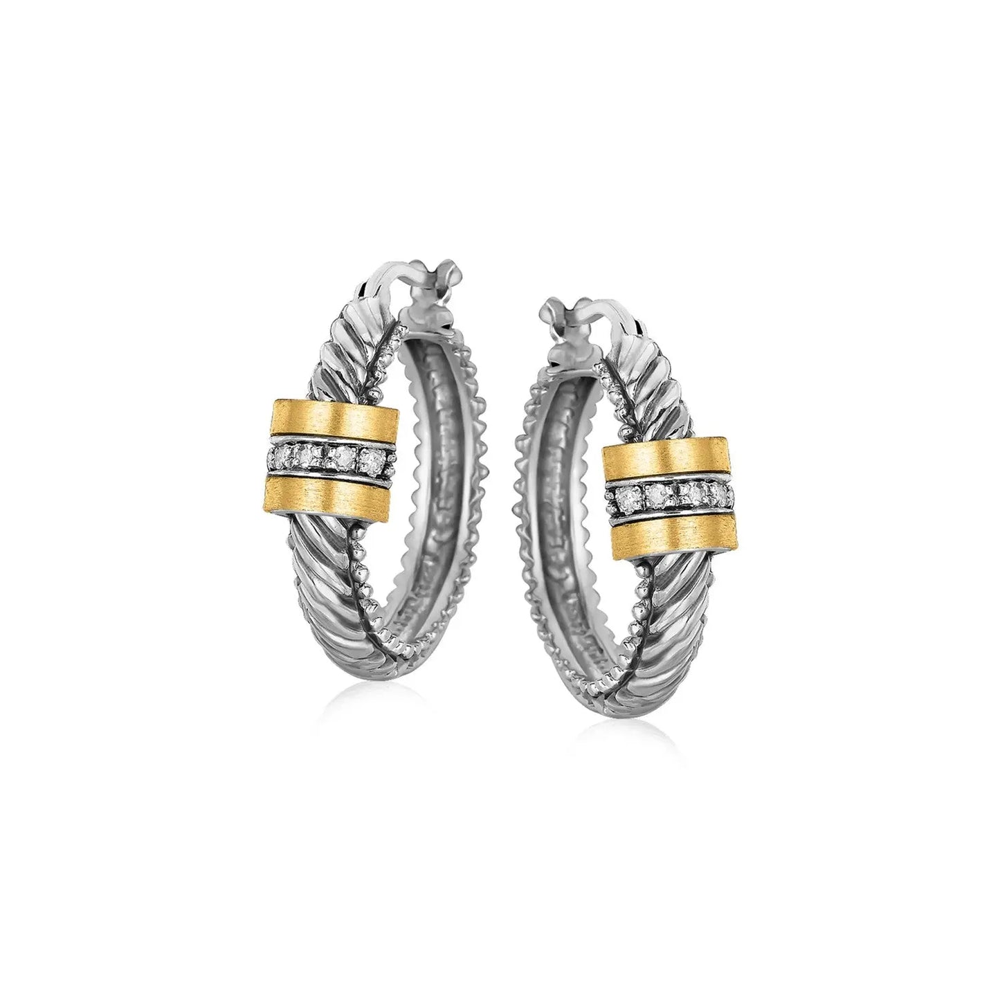 18k Yellow Gold and Sterling Silver Diamond Italian Cable Style Hoop Earrings RCJ