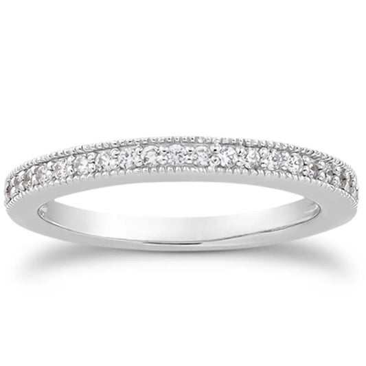 14k White Gold Pave Diamond Milgrain Wedding Ring Band Set 1/2 AroundMonde Trend