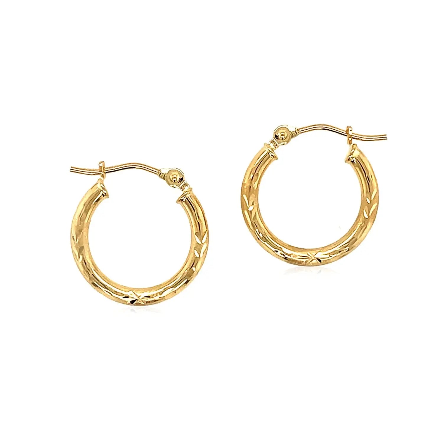 14k Yellow Gold Fancy Diamond Cut Slender Small Hoop Earrings (2x15mm) RCJ