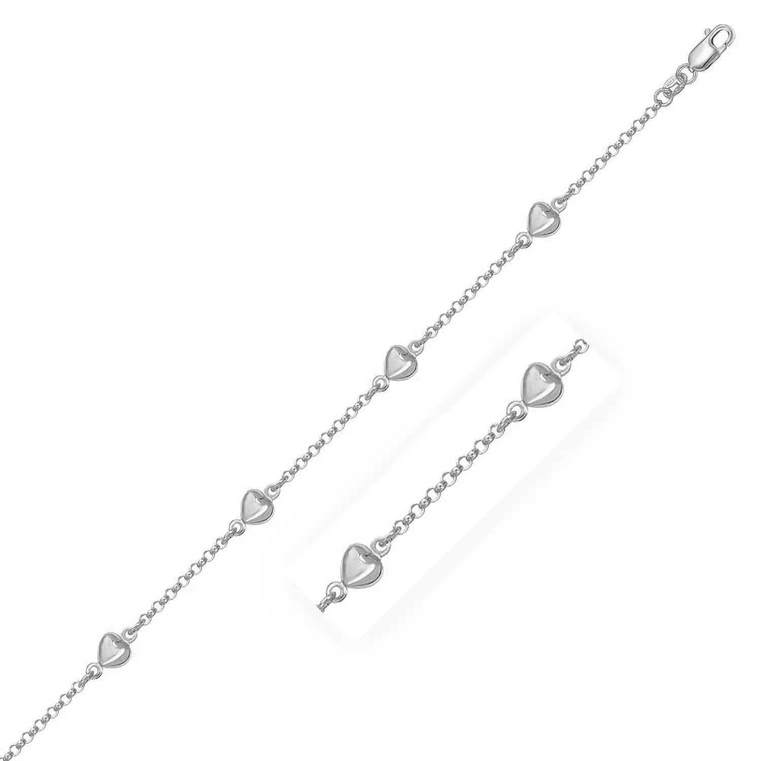 14k White Gold Rolo Chain Bracelet with Puffed Heart Stations (3.30 mm) RCJ