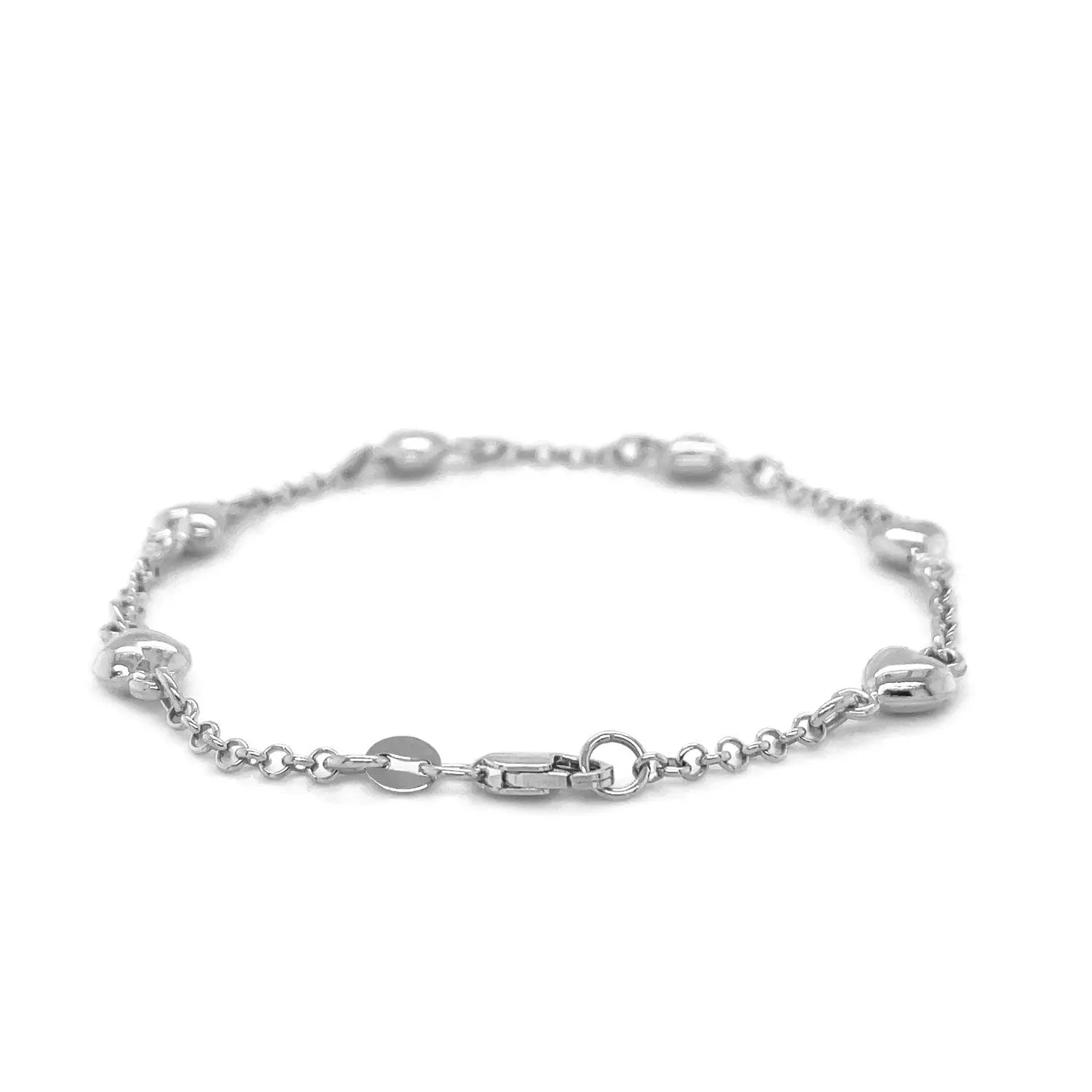 14k White Gold Rolo Chain Bracelet with Puffed Heart Stations (3.30 mm) RCJ