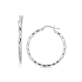 Sterling Silver Hoop Design Diamond Cut Earrings with Rhodium Plating (2x26mm) RCJ