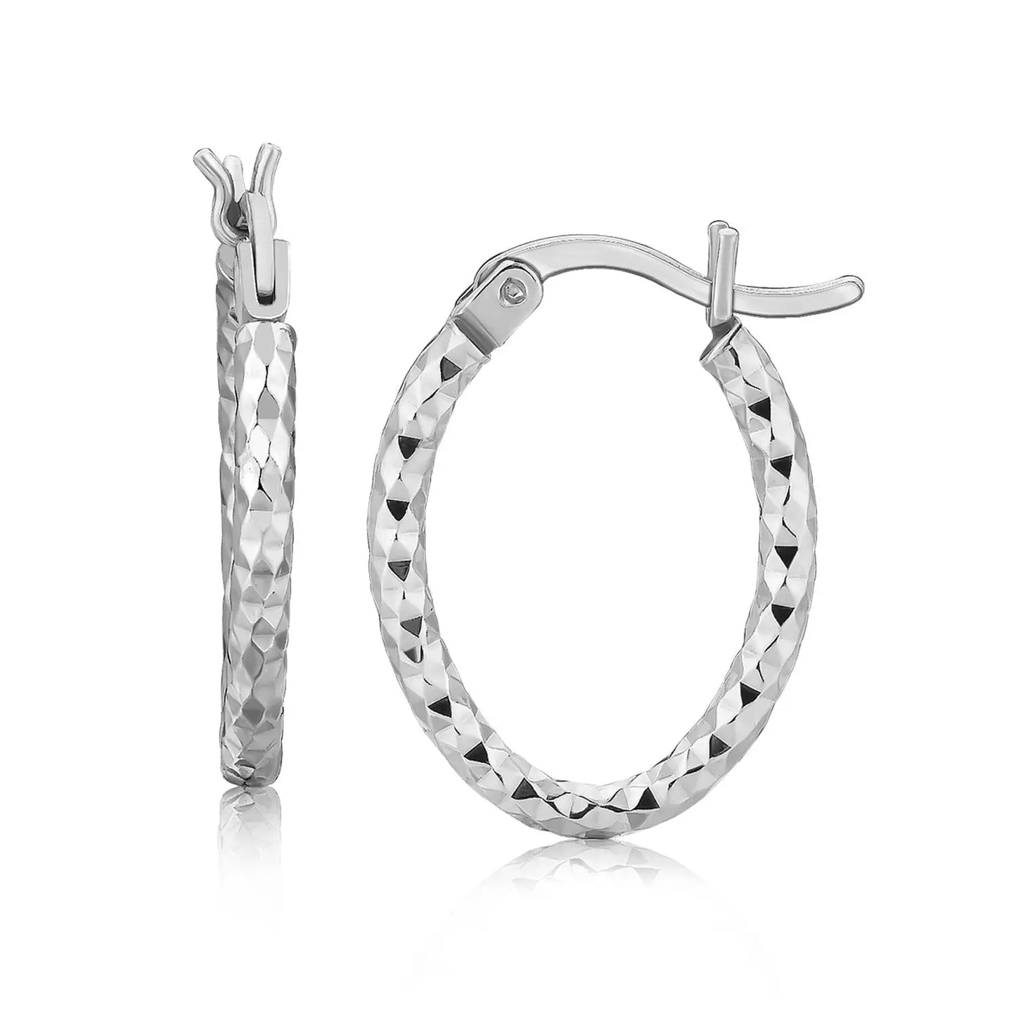 Sterling Silver Rhodium Plated Small Oval Hoop Diamond Cut Textured Earrings(2x10mm) RCJ