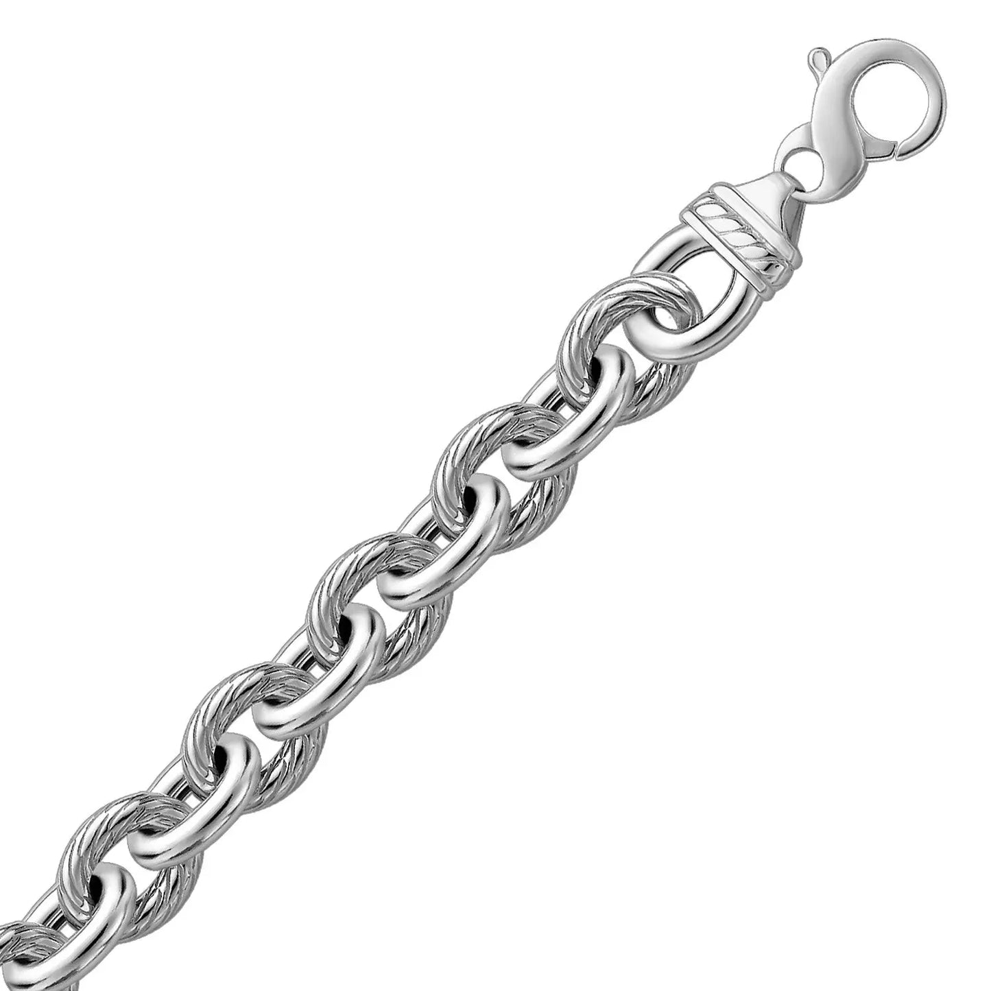 Sterling Silver Rhodium Plated Diamond Cut Cable Style Chain Bracelet  (12.70 mm) RCJ