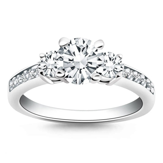 14k White Gold Three Stone Engagement Ring with Diamond Band RCJ