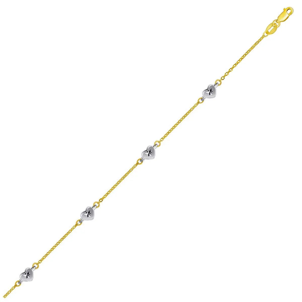 14k Two Tone Gold Anklet with Diamond Cut Heart Style StationsMonde Trend