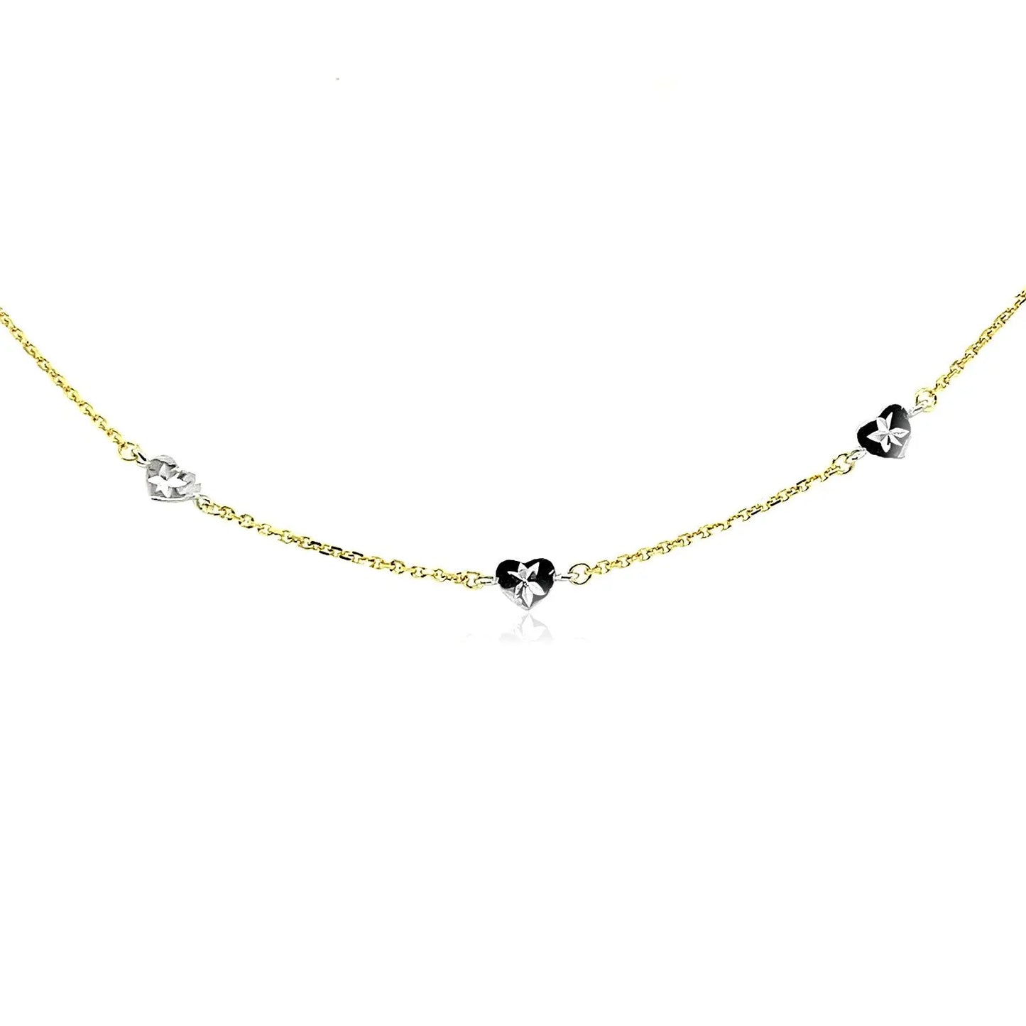 14k Two Tone Gold Anklet with Diamond Cut Heart Style StationsMonde Trend