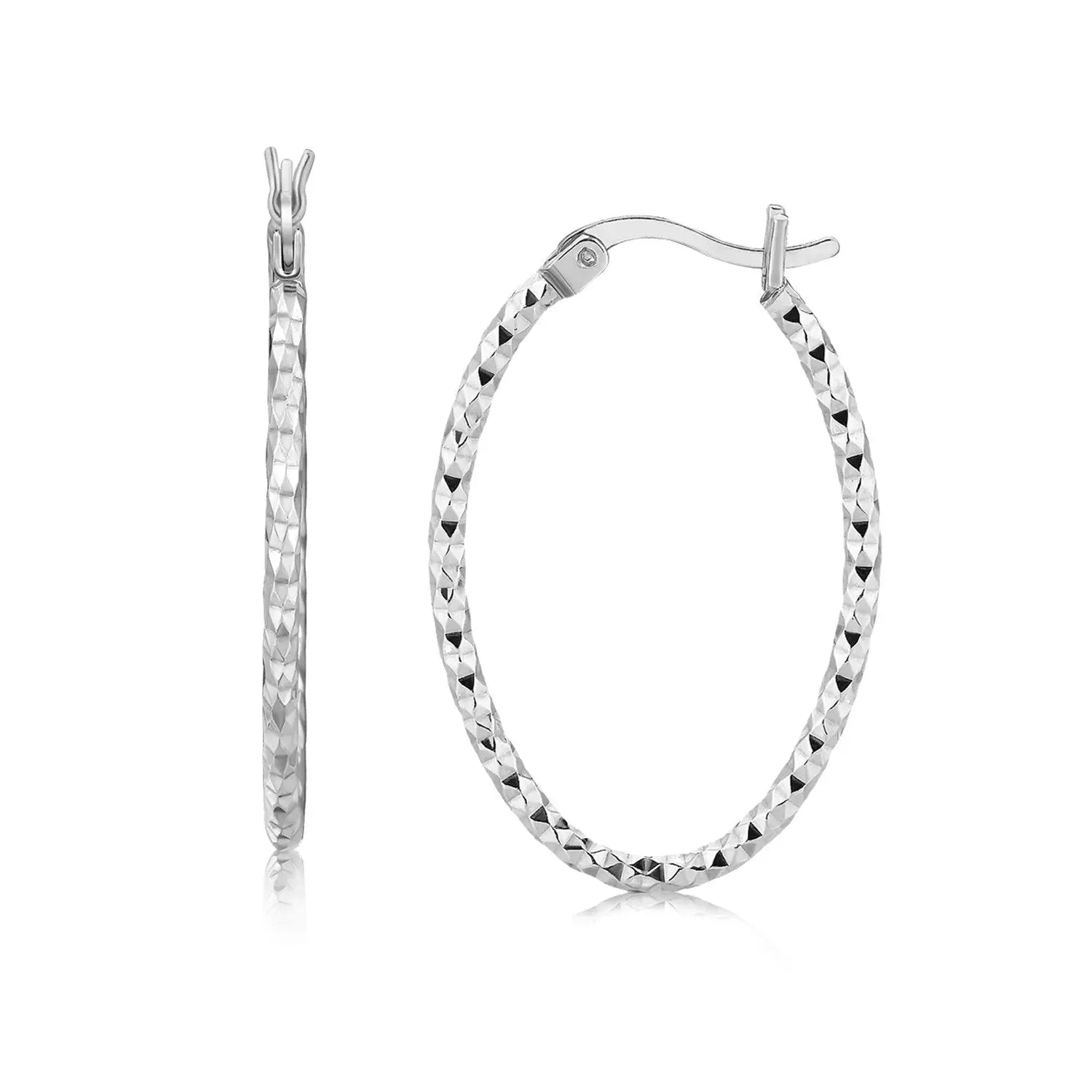 Sterling Silver Rhodium Plated Textured Diamond Cut Classic Hoop Earrings(2x25mm) RCJ