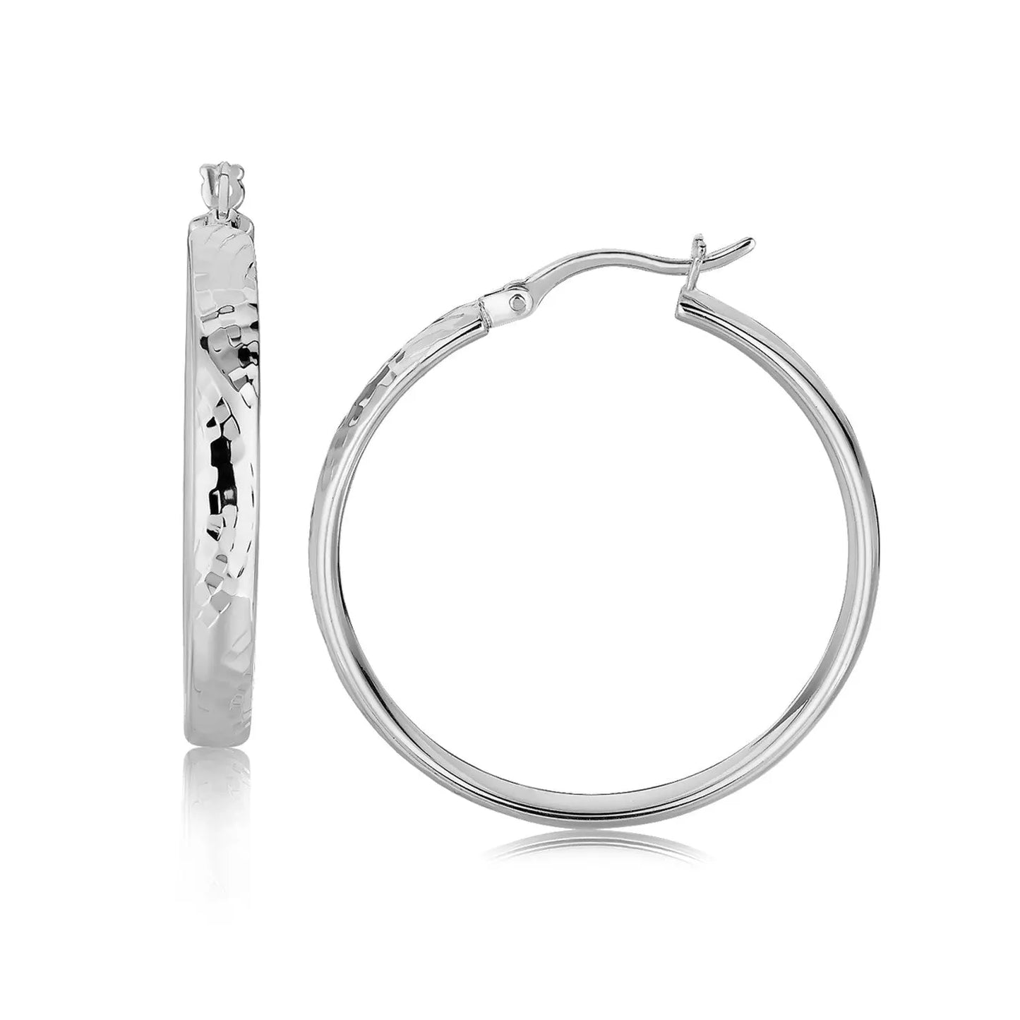 Sterling Silver Hammered Style Hoop Earrings with Rhodium Plating (4x30mm) RCJ