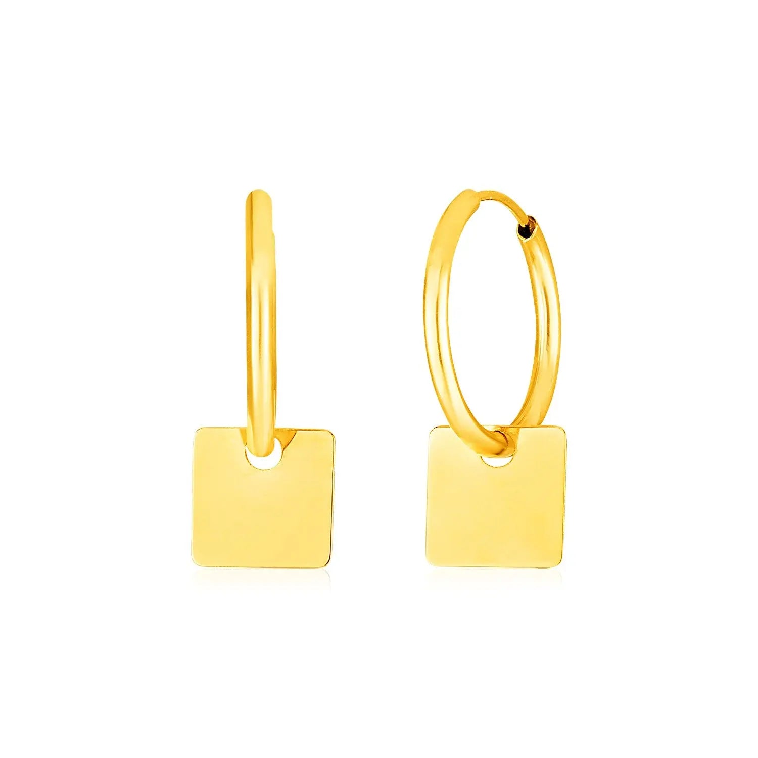 14k Yellow Gold Huggie Style Hoop Earrings with Square Drops RCJ