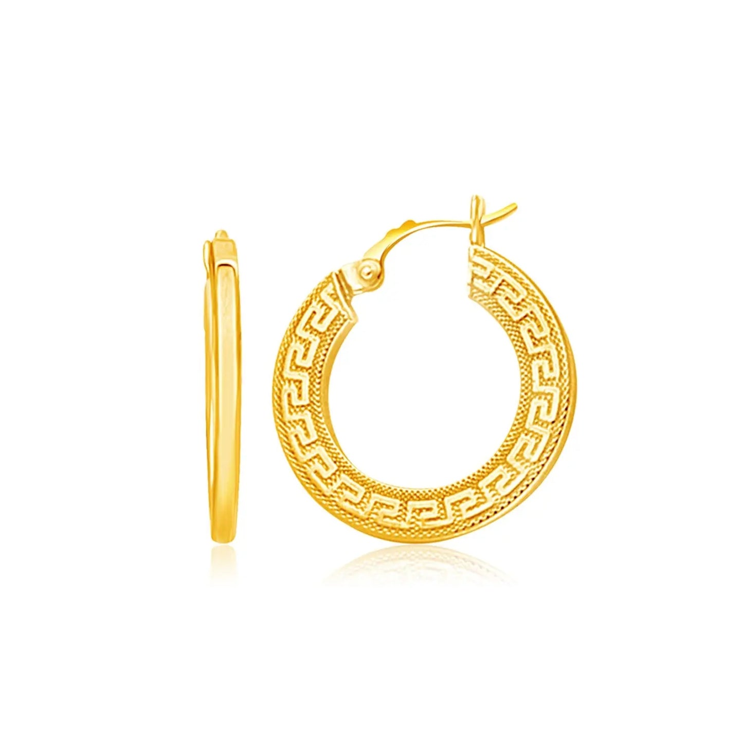 14k Yellow Gold Greek Key Medium Hoop Earrings with Flat Sides RCJ